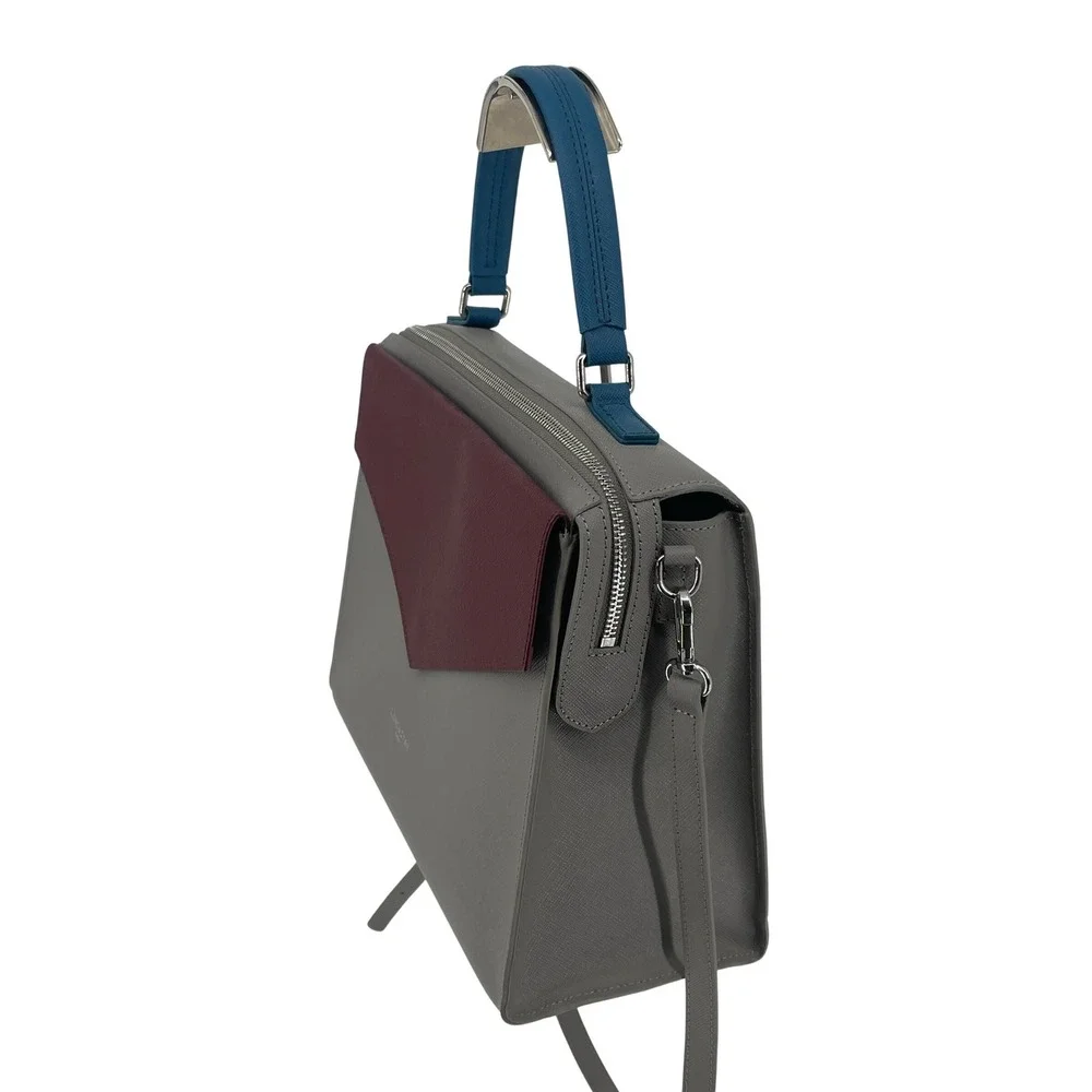 Lancaster Paris Colorblock Saffiano Leather Structured Satchel Bag grey burgundy
